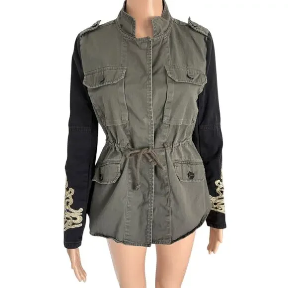 Sanctuary Denim Military Jacket Womens XS Embroidery Edgy Outdoor Utility Army - Picture 2 of 8